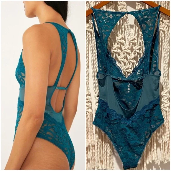 NWOT Free People SM Green Teal ‘Speed Date Lace Bodysuit’ Boho Festival Lingerie - Picture 2 of 10